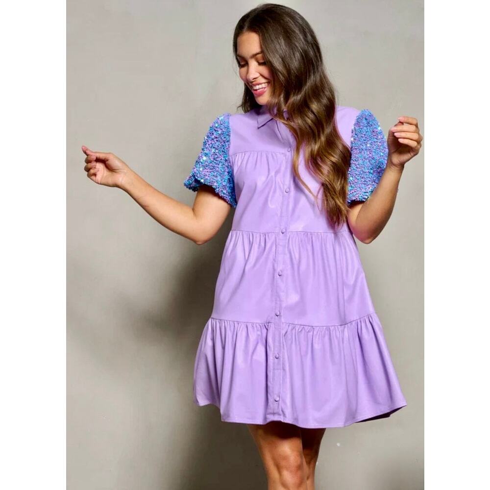 On My Best Behavior Sequin Puff Sleeve Vegan Leather Dress in Purple